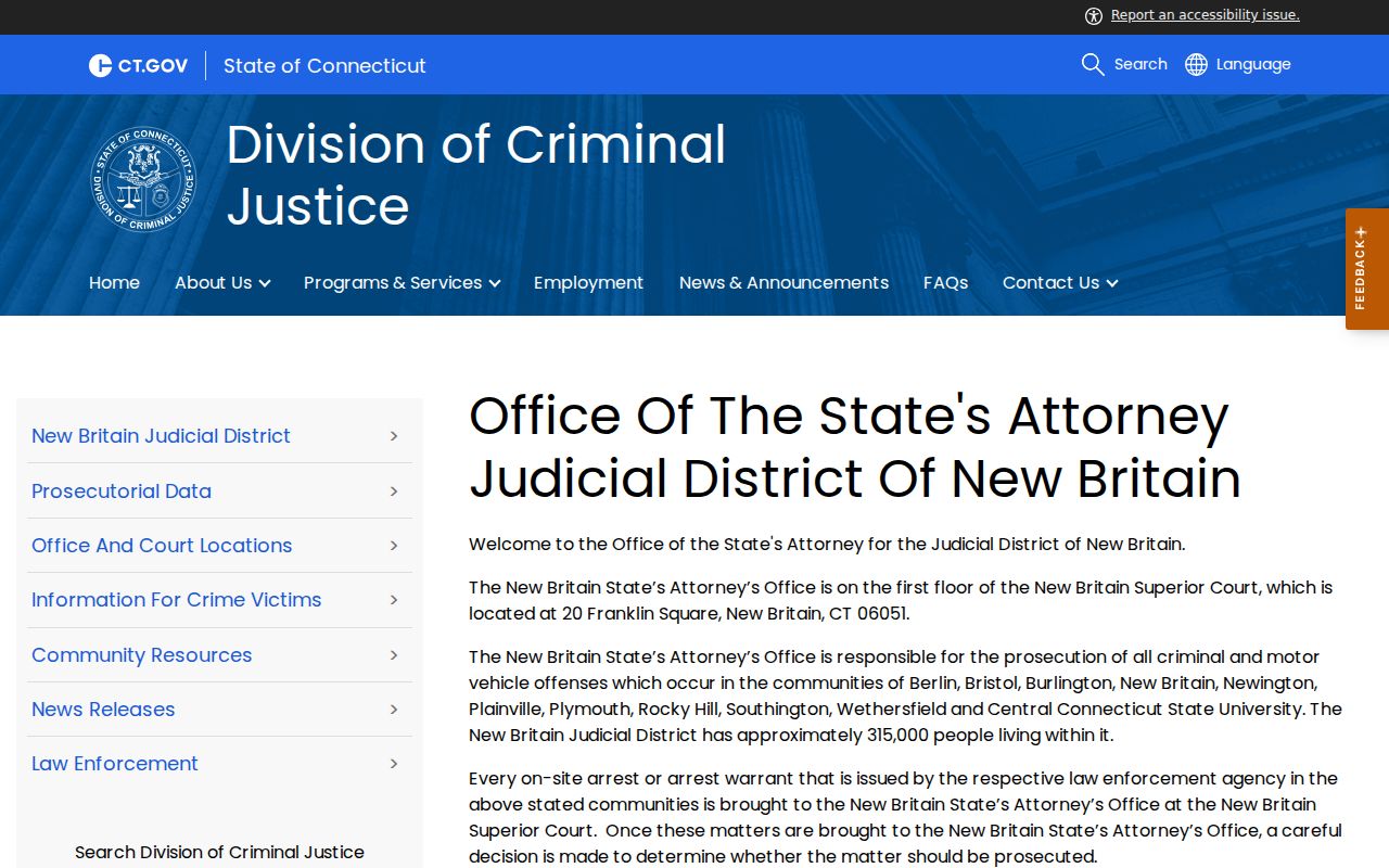 New Britain criminal court cases State's Attorney office information