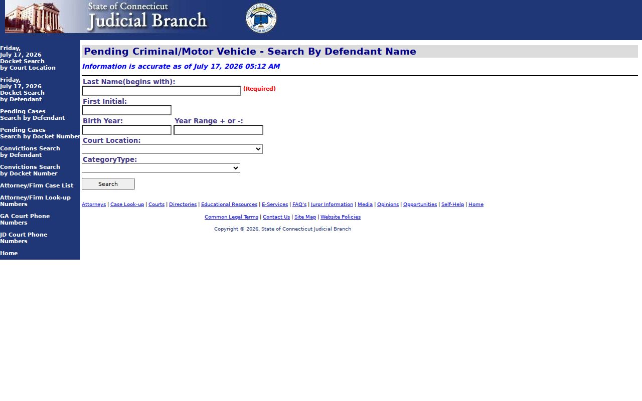 New Britain criminal court cases pending defendant search
