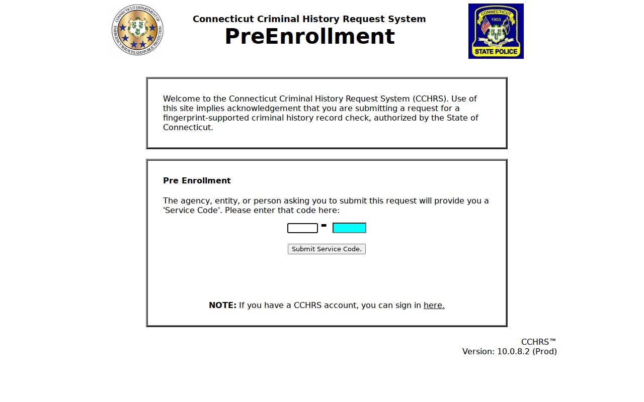 Connecticut Criminal History Request System pre-enrollment interface